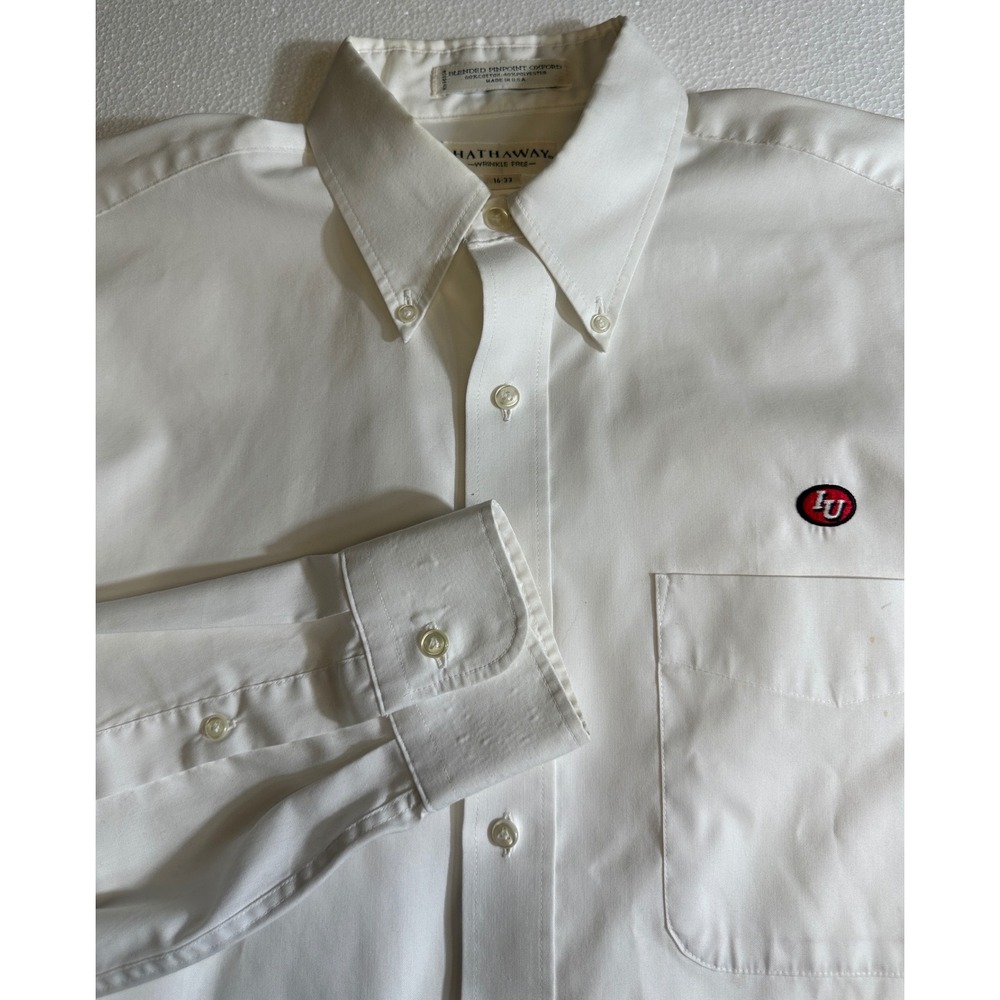 Hathaway Mens‎ White IU Embroidered Pinpoint Oxford Shirt 16-33 Made USA Vintage